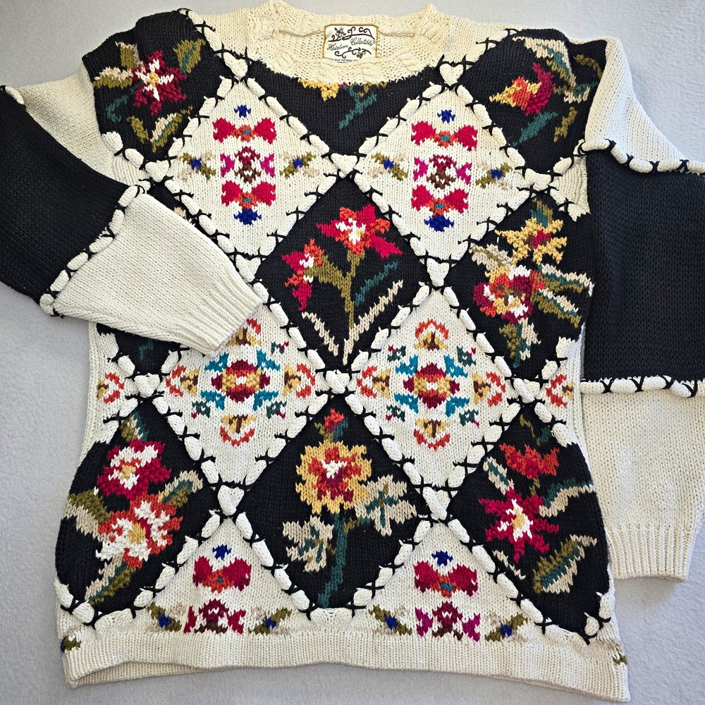 Vtg 90s Heirloom Collectibles Floral Patchwork Knit Sweater M Grandmacore Ramie.